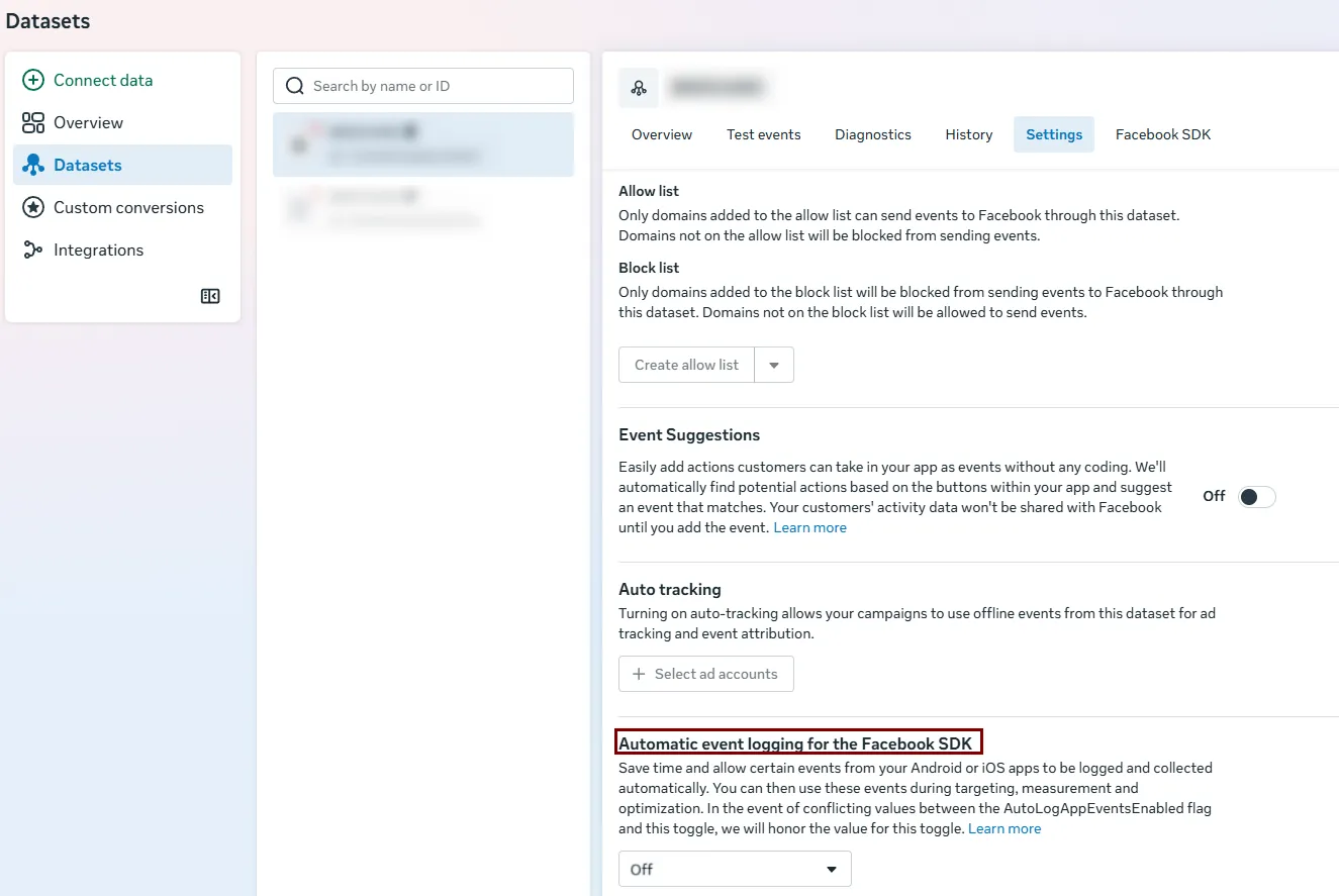 вимкніть перемикач &laquo;Log events automatically from SDK&raquo;.