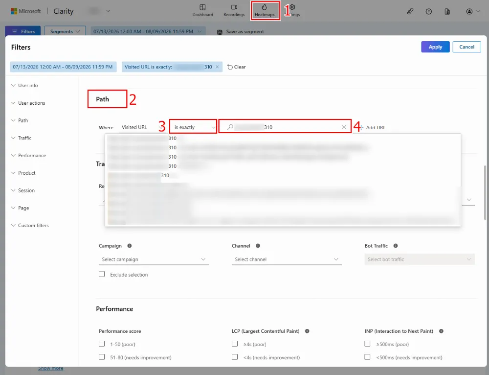 Clarity filters panel with the Page URL filter field showing the page path entered, and the date range set to match the GA4 analysis period.
