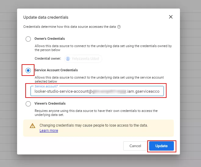 Выберите Service Account Credentials. Введите email сервисного аккаунта. Нажмите Update.