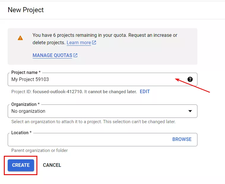 Введите название проекта и нажмите Create.