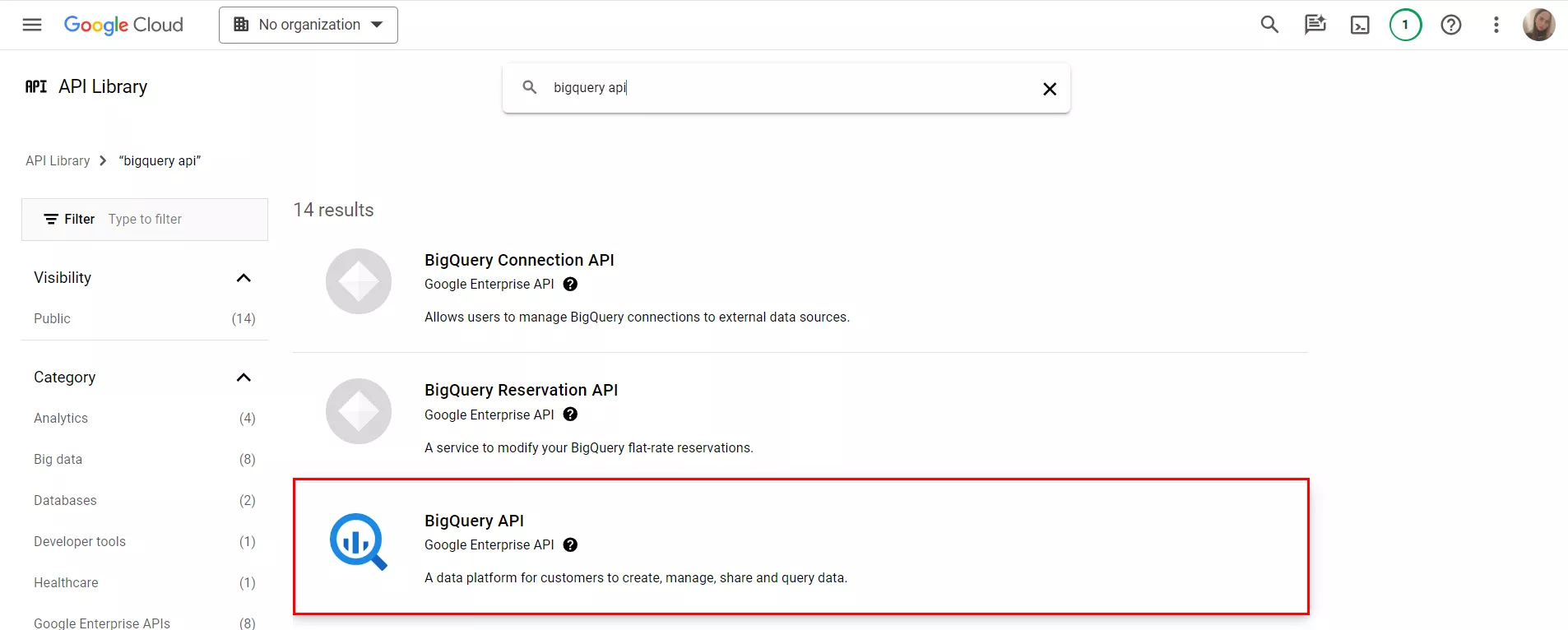 Выберите BigQuery API.