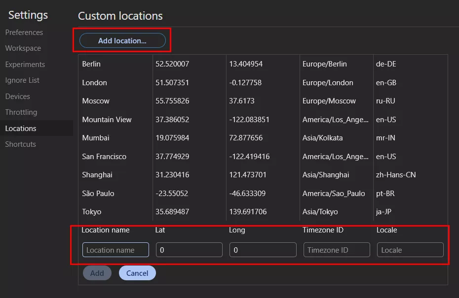 выбираете Add location хром дев тулс