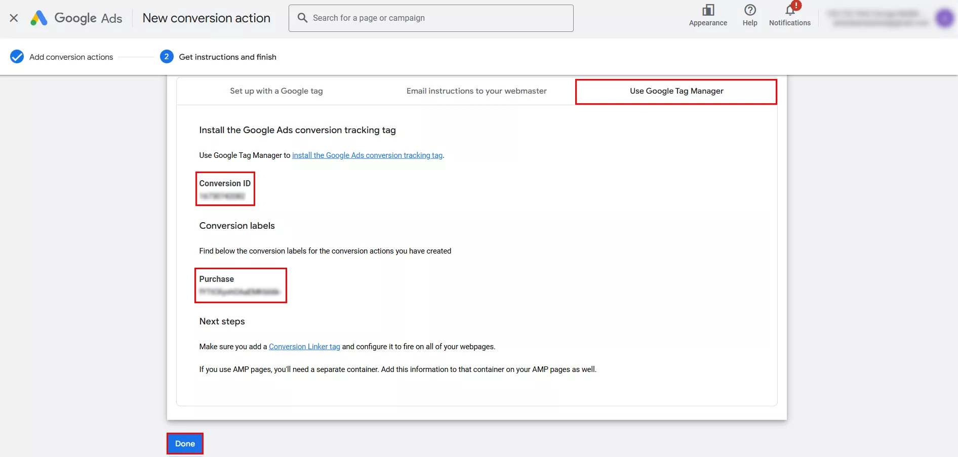 оберіть вкладку «Google Tag Manager» для отримання необхідних параметрів