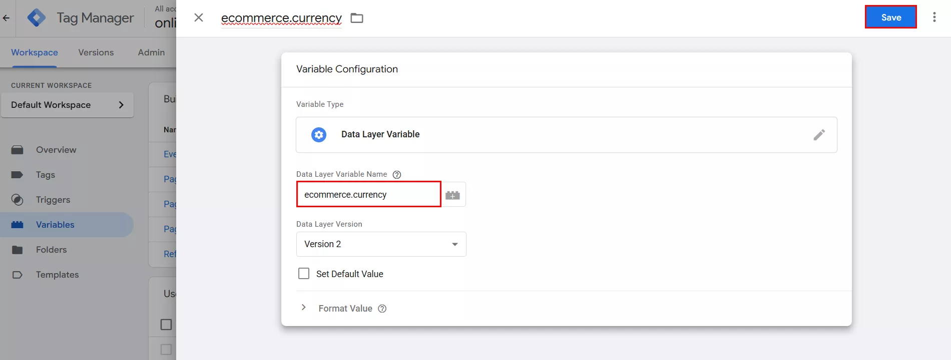 валюта — ім’я змінної в рівні даних ecommerce.currency