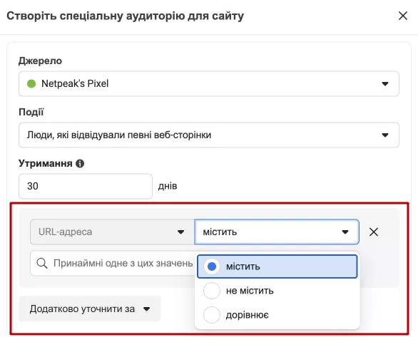 За необхідності, внесіть значення, які містять, не містять або ж дорівнюють певній адресі сторінки.