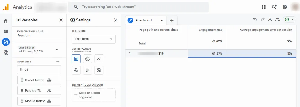 GA4 Explore report from a live GA4 property, filtered to the page path, showing Engagement rate and Average engagement time for that page compared to other rows &mdash; the same page shown in the earlier bounce rate and dead clicks screenshots.